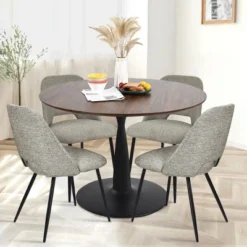 Harold+Edwin 5-Piece Walnut Foil Round Top Pedestal Dining Table Set With 4 Upholstered Chairs -The Pop Maison 23 Harold+Edwin 5-Piece Walnut Foil Round Top Pedestal Dining Table Set With 4 Upholstered Chairs -The Pop Maison -Baxton Studio Shop GUEST 16cb1bb9 ef5a 437c b05f 752c888d32c0