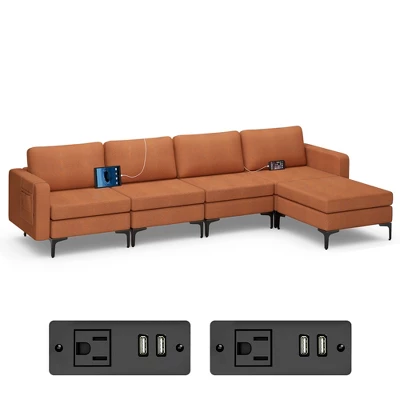 Costway Modular L-shaped Sectional Sofa W/ Reversible Chaise & 4 USB Ports OrangeDark Grey 9 Costway Modular L-shaped Sectional Sofa W/ Reversible Chaise & 4 USB Ports OrangeDark Grey - Image 9
