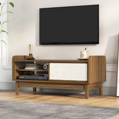 Costway Coffee Table Mid Century Modern Coffee Table With Storage Weaving Rattan Sliding Doors Adjustable Shelf 3 Costway Coffee Table Mid Century Modern Coffee Table With Storage Weaving Rattan Sliding Doors Adjustable Shelf - Image 3