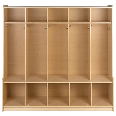 Flash Furniture Wooden 5 Section School Coat Locker With Bench, Cubbies, And Storage Organizer Hook-Safe, Kid Friendly Design - 48"H X 48"L (Natural) 8 Flash Furniture Wooden 5 Section School Coat Locker With Bench, Cubbies, And Storage Organizer Hook-Safe, Kid Friendly Design - 48"H X 48"L (Natural) - Image 8