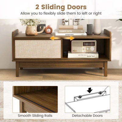 Costway Coffee Table Mid Century Modern Coffee Table With Storage Weaving Rattan Sliding Doors Adjustable Shelf 5 Costway Coffee Table Mid Century Modern Coffee Table With Storage Weaving Rattan Sliding Doors Adjustable Shelf - Image 5