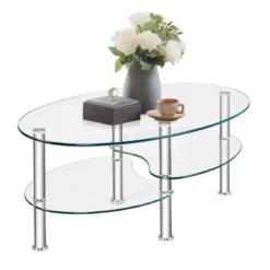 Costway Tempered Glass Oval Side Coffee Table Shelf Chrome Base Living Room Clear -Baxton Studio Shop GUEST 19185e06 a9d8 46b8 b45d d3f6945c5567