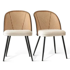 Set Of 2 Faux Cane Back Dining Chairs, Upholstered Rattan-Style Accent Chairs With Metal Legs, Mid-Century Modern Kitchen Chairs-Maison Boucle -Baxton Studio Shop GUEST 194222e6 8f77 43e1 bced fc5548021773