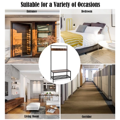 COSTWAY 3 In 1 Industrial Coat Rack Shoe Bench Entryway Hall Tree Storage Shelf W/ Hooks 5 COSTWAY 3 In 1 Industrial Coat Rack Shoe Bench Entryway Hall Tree Storage Shelf W/ Hooks - Image 5