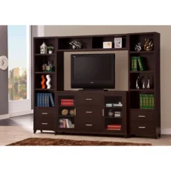 4pc Lewes Entertainment Center TV Stand For TVs Up To 65" Cappuccino Brown - Coaster