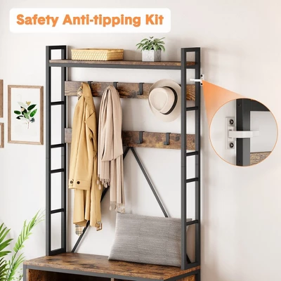 Garvee Hall Tree With Bench Coat Rack Freestanding 5 In 1 Industrial Shoe Bench With 3 Storage Cubbies And 8 Hooks Entryway Coat Rack, Brown 4 Garvee Hall Tree With Bench Coat Rack Freestanding 5 In 1 Industrial Shoe Bench With 3 Storage Cubbies And 8 Hooks Entryway Coat Rack, Brown - Image 4