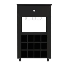 Evita Bar Cart With Twelve Built-in Wine Rack, Four Legs & One Open Shelf-14*23.6*34.9 Inch -Black