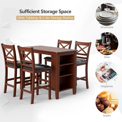 Costway 5PCS Pub Dining Table Set W/ Storage Shelves&4 Upholstered Chairs Walnut 5 Costway 5PCS Pub Dining Table Set W/ Storage Shelves&4 Upholstered Chairs Walnut - Image 5