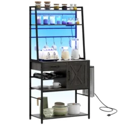 HOMCOM Kitchen Baker's Rack With Power Outlet, LED Lights, Microwave Stand With Storage Shelves, Wine Bottle Rack, Barn Door Cabinet -Baxton Studio Shop GUEST 1ad6a27e 0a8c 4037 9bf7 d6b8c6cc274e