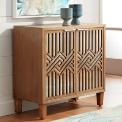 55 Downing Street Mason 33 3/4 Wide Oak Wood And Mirrored 2-Door Cabinet -Baxton Studio Shop GUEST 1b5978df 85c0 4c48 93e5 3fb271738cf6