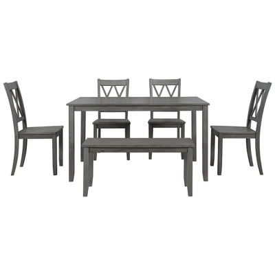 6-Piece Farmhouse Rustic Wooden Dining Table Set With 4 Cross Back Chairs And Bench - ModernLuxe 6 6-Piece Farmhouse Rustic Wooden Dining Table Set With 4 Cross Back Chairs And Bench - ModernLuxe - Image 6