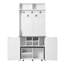 TIRAMISUBEST Farmhouse 4-in-1 Hall Tree With Barn Doors - Entryway Organizer With 7 Hooks & Wheels, White -Baxton Studio Shop GUEST 1c19e89e 1542 4bf9 b90f ed5996e151ee