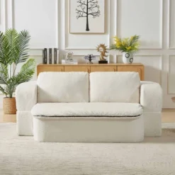 Aukfa 74.8" Convertible Sleeper Sofa Bed, 2-in-1 Folding Futon With Cushion Blanket Comfy Foam Compression Sofas Couches,Beige