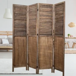 Rancho Shutter 4 Panel Room Divider With Folding Screen Room Partition Paulownia Wood Brown - Proman Products -Baxton Studio Shop GUEST 1d4962bd 8f19 4e5a 9ad8 a63f51e749a3