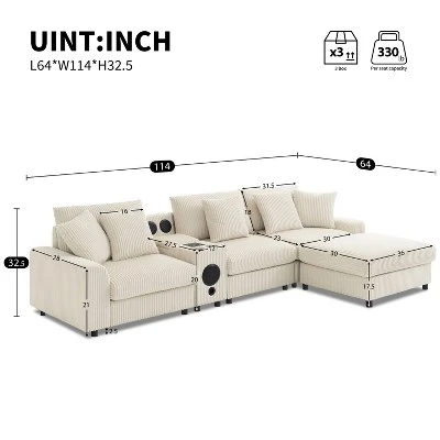 114''W Corduroy L-Shaped Sectional Sofa With Bluetooth Speakers, USB Charger, Cup Holders And Ottoman - ModernLuxe 2 114''W Corduroy L-Shaped Sectional Sofa With Bluetooth Speakers, USB Charger, Cup Holders And Ottoman - ModernLuxe - Image 2