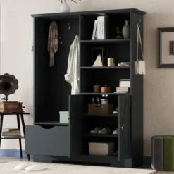 TIRAMISUBEST Hall Tree With Bench & Storage - 5-in-1 Entryway Organizer With Drawers, Antique Blue