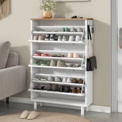 Narrow Design Shoe Cabinet With 3 Flip Drawers, 3 Hooks And Adjustable Panels - ModernLuxe