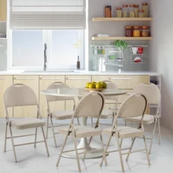 Costway Set Of 6 Folding Chairs Fabric Upholstered Padded Seat Metal Frame Home Office Grey/Beige