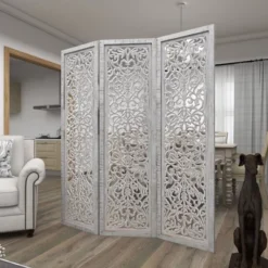 Farmhouse Wood Carved Room Divider Screen White - Olivia & May -Baxton Studio Shop GUEST 2100532f 8fe1 48e3 b3c0 bf7f7592f131