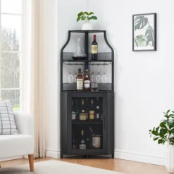 Corner Wine Bar Rack Cabinet With Detachable Wine Rack, Bar Cabinet With Glass Holder -Baxton Studio Shop GUEST 21793bce 5571 4fe1 941c eedd288a0d21 1