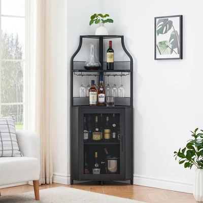 GustoWave 61'' Tall Corner Wine Bar Cabinet With Adjustable Shelves, 5-Tier Industrial Bar Cabinet With Glass Holder, Bar With Mesh Door 2 GustoWave 61'' Tall Corner Wine Bar Cabinet With Adjustable Shelves, 5-Tier Industrial Bar Cabinet With Glass Holder, Bar With Mesh Door - Image 2
