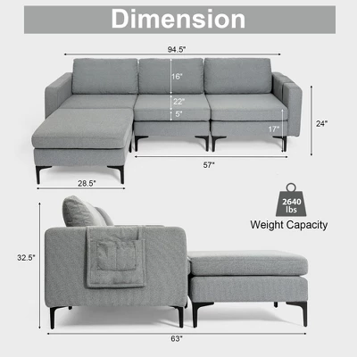 Costway Modular L-shaped 3 Seat Sectional Sofa W/ Reversible Chaise & 2 USB Ports 3 Costway Modular L-shaped 3 Seat Sectional Sofa W/ Reversible Chaise & 2 USB Ports - Image 3