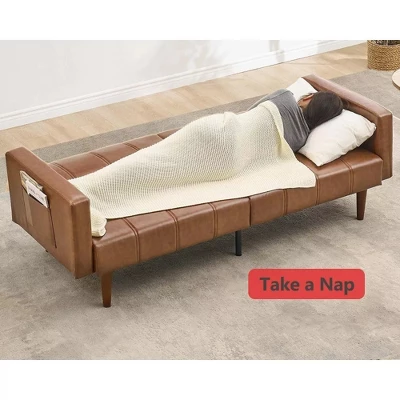 75" Futon Sofa Bed, Mid-Century Modern Futon Couch, Convertible Sleeper Sofa With Adjustable Backrest, PU Leather Sofa Couch For Living Room, Brown 4 75" Futon Sofa Bed, Mid-Century Modern Futon Couch, Convertible Sleeper Sofa With Adjustable Backrest, PU Leather Sofa Couch For Living Room, Brown - Image 4