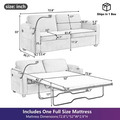 72.8"W Loveseat Sleeper Sofa Bed With Full Size Mattress, USB Ports, Cup Holders, And A Phone Holder For Living Room -ModernLuxe 2 72.8"W Loveseat Sleeper Sofa Bed With Full Size Mattress, USB Ports, Cup Holders, And A Phone Holder For Living Room -ModernLuxe - Image 2