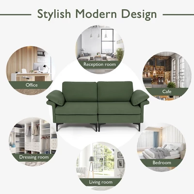 Costway Modern Loveseat Fabric 2-Seat Sofa Couch For Small Space W/Metal Legs Army 7 Costway Modern Loveseat Fabric 2-Seat Sofa Couch For Small Space W/Metal Legs Army - Image 7