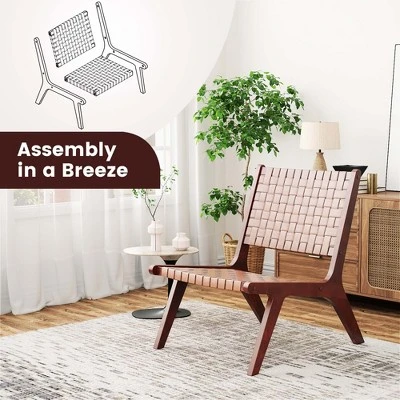 Costway Woven Leather Accent Chair Mid Century Rubber Wood Armless Side Chair 4 Costway Woven Leather Accent Chair Mid Century Rubber Wood Armless Side Chair - Image 4