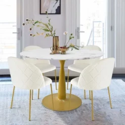 40'' Harris Round Artificial Marble Top Pedestal Modern Dining Table Gold Base- The Pop Maison -Baxton Studio Shop GUEST 230d17aa 13bc 4572 9a05 5d07f7d53438