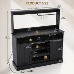 TROPOW 47"Farmhouse Coffee Bar Cabinet With 5 Hooks, Buffet Cabinet With Power Outlets, Goblet Holder, Sideboard Cabinet With Wine Rack Hutch Cabinet