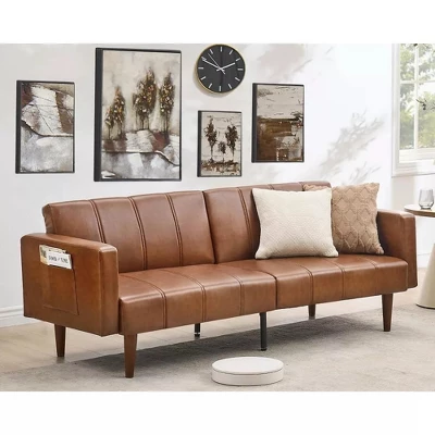 75" Futon Sofa Bed, Mid-Century Modern Futon Couch, Convertible Sleeper Sofa With Adjustable Backrest, PU Leather Sofa Couch For Living Room, Brown 3 75" Futon Sofa Bed, Mid-Century Modern Futon Couch, Convertible Sleeper Sofa With Adjustable Backrest, PU Leather Sofa Couch For Living Room, Brown - Image 3