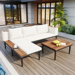 TIRAMISUBEST L-Shaped Acacia Wood Patio Set - 5-Piece Outdoor Sectional With Removable Cushions, Coffee Table & Side Table, Beige