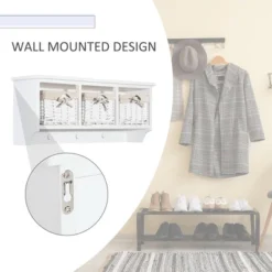 HomCom 32" Rustic Floating Shelf With Coat Hooks And Baskets - Antique White -Baxton Studio Shop GUEST 259832a9 7137 4650 b4d1 90674a872580