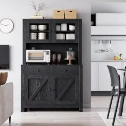 Farmhouse Pantry Cabinet, Kitchen Pantry Storage Cabinet With Microwave Stand, Rustic Buffet Sideboard With Sliding Door, Freestanding Cupboard -Baxton Studio Shop GUEST 25fd1390 7693 428f b280 11f76eb96c82