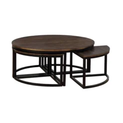 42" Arcadia Acacia Wood Round Coffee Table With Nesting Tables Dark Brown - Alaterre Furniture
