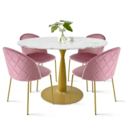 40'' Harris Round Artificial Marble Top Pedestal Modern Dining Table Gold Base- The Pop Maison -Baxton Studio Shop GUEST 26f668a6 b1bb 49d4 83c1 cbc28fd62e8c