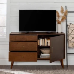 Mid-Century Modern With Closed Storage TV Stand For TVs Up To 58" Walnut - Saracina Home -Baxton Studio Shop GUEST 272c04f3 ea07 453c 9824 8666892ac8d7