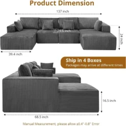 137" Sectional Couch Cloud Modular Modern U-Shaped Sofa With Chaise Lounge, Corduroy Fabric, No Assembly Required -Baxton Studio Shop GUEST 273a5f31 9959 45b3 9b58 611b121f9380