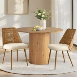 Nice Rattan Dining Chairs,Double Layer Rattan Back,Beige Upholstered Cane Dining Chair,Armless Kitchen Chairs With Bouclé Fabric-Maison Boucle