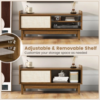 Costway Coffee Table Mid Century Modern Coffee Table With Storage Weaving Rattan Sliding Doors Adjustable Shelf 4 Costway Coffee Table Mid Century Modern Coffee Table With Storage Weaving Rattan Sliding Doors Adjustable Shelf - Image 4