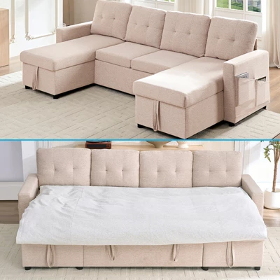 Mjkone W98" 4-Seater Modular Sleeper Sofa Bed With Storage Chaise,U-shaped Sofa With Pull-out Bed 3 Mjkone W98" 4-Seater Modular Sleeper Sofa Bed With Storage Chaise,U-shaped Sofa With Pull-out Bed - Image 3