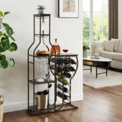 SEVOBAL Racks Five Tier Freestanding Bakers Rack With Hanging Glass Holder And Organized Storage For Rooms, Gray, 28.74"*9.53"*53.94"