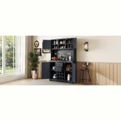 Gulches Timeless Multi Functional Coffee And Wine Bar Cabinet Open Shelves, 9 Grid Bottle Holders, 6 Hooks And Durable Build -Baxton Studio Shop GUEST 2a16bce6 f1a8 490a a72c b18aa36db504