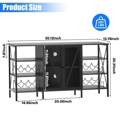 55.12" Farmhouse Wine Bar Cabinet With Wine Rack And Glass Holder, Rustic Coffee Bar ,Metal Sideboard And Liquor Table Cabinet 1 55.12" Farmhouse Wine Bar Cabinet With Wine Rack And Glass Holder, Rustic Coffee Bar ,Metal Sideboard And Liquor Table Cabinet