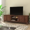 Emma And Oliver Mid-Century Modern Wooden TV Stand With Soft Close Doors, Shelf, Cord Management Hole And Tapered Legs
