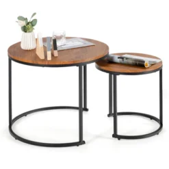 Tangkula 2PCS Stacking Metal Legs Modern Side Round Nesting Coffee Table W/ Wooden Tabletop For Living Room Rustic Brown/Brown 13 Tangkula 2PCS Stacking Metal Legs Modern Side Round Nesting Coffee Table W/ Wooden Tabletop For Living Room Rustic Brown/Brown -Baxton Studio Shop GUEST 2b98c11e 8db2 447e a55e 7ff49d648a3f