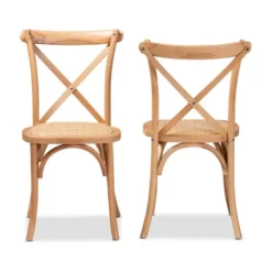 2pc Tartan Woven Rattan And Wood Dining Chair Set Brown - Baxton Studio: Beech Frame, No Assembly Required
