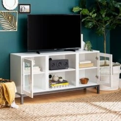 Pierceton Modern Double Glass Door With Metal Legs TV Stand For TVs Up To 58" White - Saracina Home -Baxton Studio Shop GUEST 2c1fd597 52e5 48a8 9e83 a72aa568db78